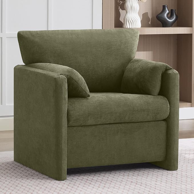 Oversized Accent Chair for Living Room, 32.68" Large Modern Armchair with Deep Seat, Mid-Century Comfy Reading Chair with Padded Arms, Chenille Single Sofa Chairs for Bedroom, Green