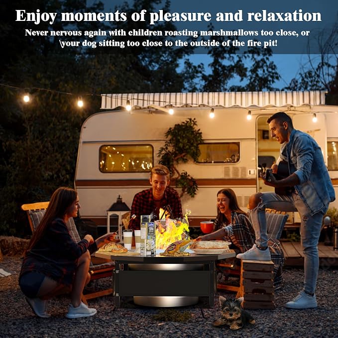 Fire Pit Surround Table for Solo Stove Yukon 2.0 27 Inch, Adjustable Outdoor Fire Pit Tabletop Accessory, UV-Resistant Fabric Safety Barrier, Black Metal Patio Surround