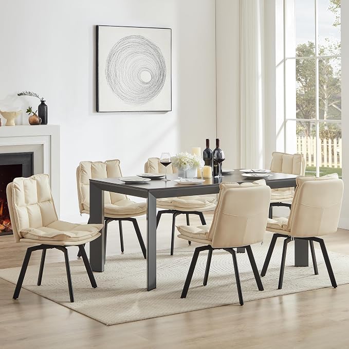 BedsPick 360° Swivel Dining Chair Set of 2 - Faux Leather Upholstered Kitchen Chair, Mid Century Modern Dining Room Chair with Metal Legs for Kithcen/Living Room/Reception/Office, Beige