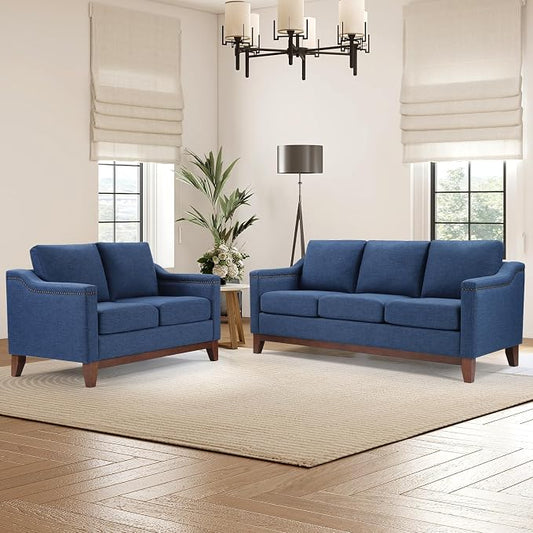 HAOMARKETS Modern 2 Piece Sofa Set with Rivets, Included Fabric Loveseat 2-Seater Sofa and Upholstered 3-Seater Couches with Solid Wood Legs, Living Room Furniture Set,Blue