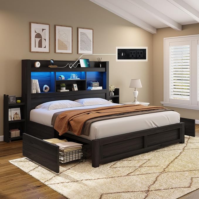 AMERLIFE Full Size Bed Frame with 4 Storage Drawers, LED Bed Frame with 49.6" Tall Bookcase Headboard, Wood Platform Bed with Charging Station & 2 Slide Bedside Shelf, No Box Spring Needed/Black