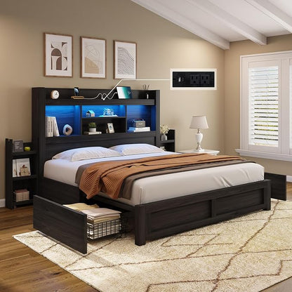 AMERLIFE Full Size Bed Frame with 4 Storage Drawers, LED Bed Frame with 49.6" Tall Bookcase Headboard, Wood Platform Bed with Charging Station & 2 Slide Bedside Shelf, No Box Spring Needed/Black