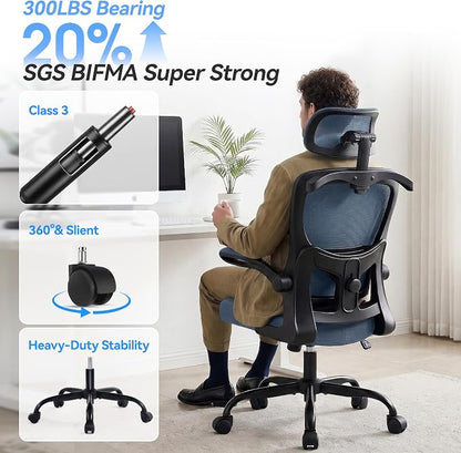AreShark Office Chair Ergonomic Desk Chairs with Adjustable Lumbar Support& Headrest Hanger, High Back Breathable Mesh Chair with Wheels, Rolling Swivel Comfy Task Computer Chair for Home Work Gaming