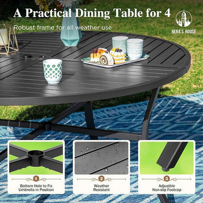 HERA'S HOUSE 5 Pieces Patio Table and Chairs Set, Outdoor Dining Furniture for 4, 42" Black Metal Round Dining Table with Umbrella Hole, 4 x Blue Textilene Chairs for Lawn Garden Backyard Deck
