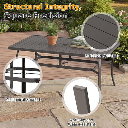 EROMMY 7-Piece Outdoor Patio Dining Set for 6, 6 Metal Slat Chairs & Rectangular Table with Umbrella Hole, Heavy-Duty Patio Furniture for Backyard, Deck and Garden