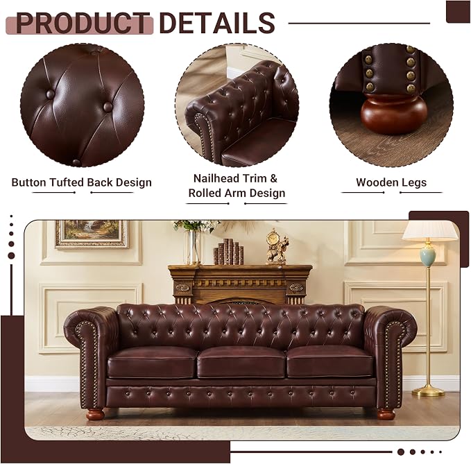 Chesterfield Leather Sofa, 89" Mid Century Modern Couch with Low Back, Roll Arm Nailhead Trim Classic 3 Seater Couch for Living Room, Office, Apartment, PU Burgundy