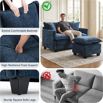L-Shape Loveseat Sofa Couch with Ottoman, Small 50" Love Seat 27" Deep Cloud Sofa Washable Chenille Pillow for Apartment Bedroom Dorm Attic Studio Office Living Room Small Space 8833-BLUE-L