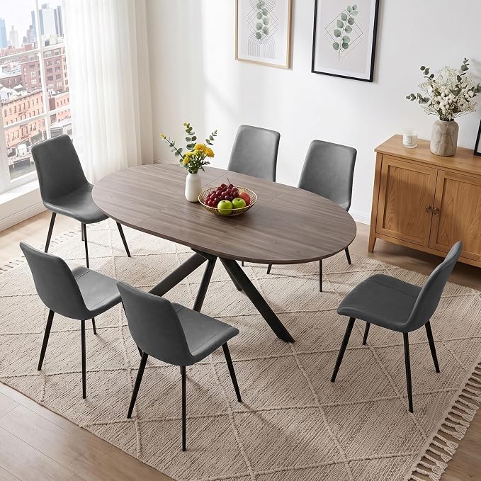 HIPIHOM 43.2" to 59.1" Extendable Round Dining Table Set for 6 Persons | Mid century modern oak, MDF board, scratch resistant & easy clean, space saving, fits 4-6 person