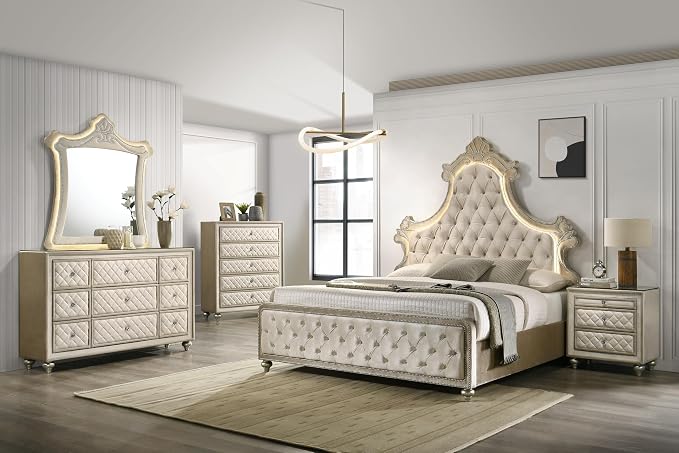 Acme Lucienne Velvet Upholstered Eastern King Bed with LED in Beige