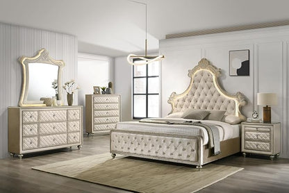 Acme Lucienne Velvet Upholstered Eastern King Bed with LED in Beige