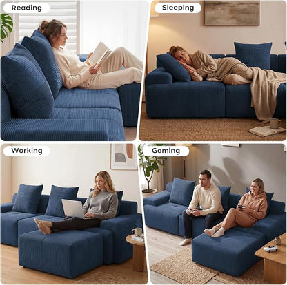 118" Sectional Boneless Oversize Modular Couches, Curved Cloud Sofa for Living Room, Corduroy U Shape Deep Seat Sofa with 2 Ottomans & 3 Throw Pillows,No Assembly Required,Navy Blue