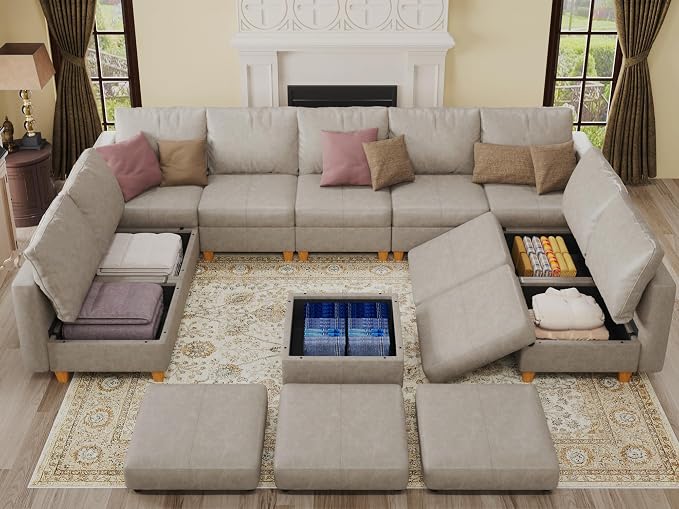 EASE MOOSE Modular Couch U Shaped Oversized Sofa, Faux Leather Sectional Sofa with Storage Seat,White