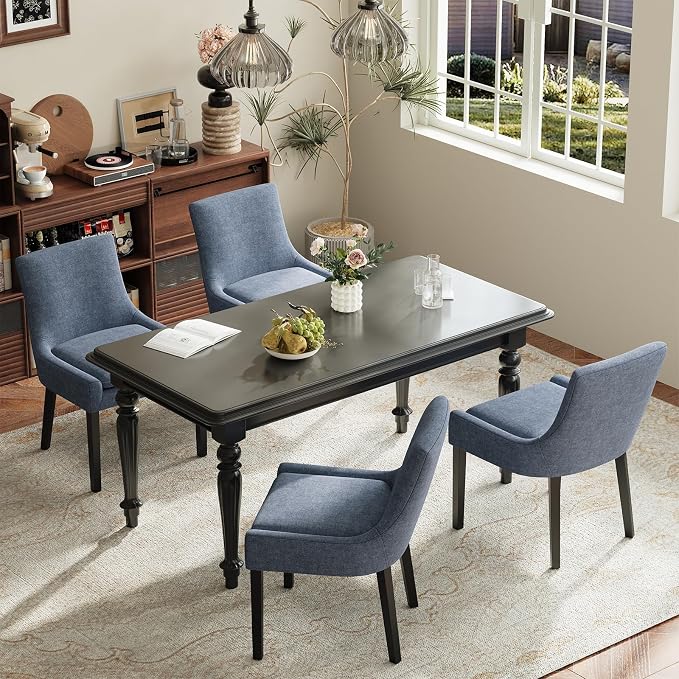 Modern Dining Room Chairs Set of 4 with Mid Back and Wood Legs, Upholstered Kitchen Chairs for Dining Room/Living Room, Blue