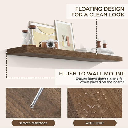 RICHFOCUS 55Inch Floating Shelves for Wall 2 Pack Shelves for Bedroom|Kitchen|Bathroom Wall Mounted Rustic Wood Floating Shelf with Invisible Brackets for Books|Storage|Decor, Walnut
