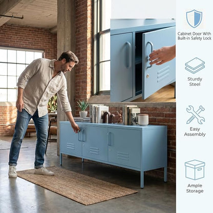 3 Door TV Standwith Storage Locke Metal TV Cabinet with 2-Tier Multi-Purpose Lockable Wide Storage Cabinet, Media Console Table with Metal Legs for Living Room, Bedroom,Office,Blue