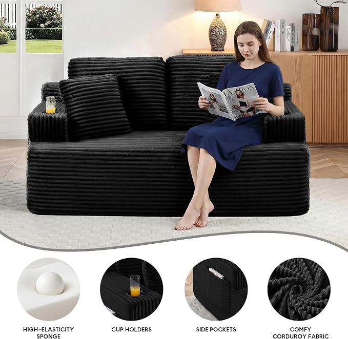 66.5'' Boneless Sofa Couch with Cup Holders & Side Pockets, Modern Corduroy Fabric Upholstered Loveseat Couch with 2 Throw Pillows for Living Room Office, No Assembly (Black)
