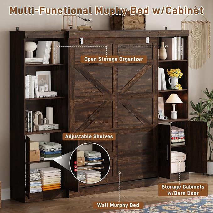 Hlivelood Full Size Murphy Bed w/2 Storage Cabinet&2 LED Light, Farmhouse Wood Hidden Foldable Wall Bed Frame, Storage Bed Cabinet for Bedroom, Office, Space-Saving, No Box Spring Needed, Brown
