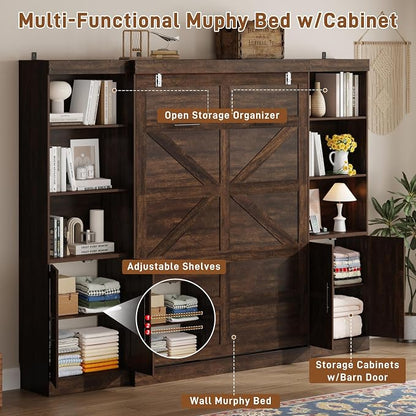 Hlivelood Full Size Murphy Bed w/2 Storage Cabinet&2 LED Light, Farmhouse Wood Hidden Foldable Wall Bed Frame, Storage Bed Cabinet for Bedroom, Office, Space-Saving, No Box Spring Needed, Brown