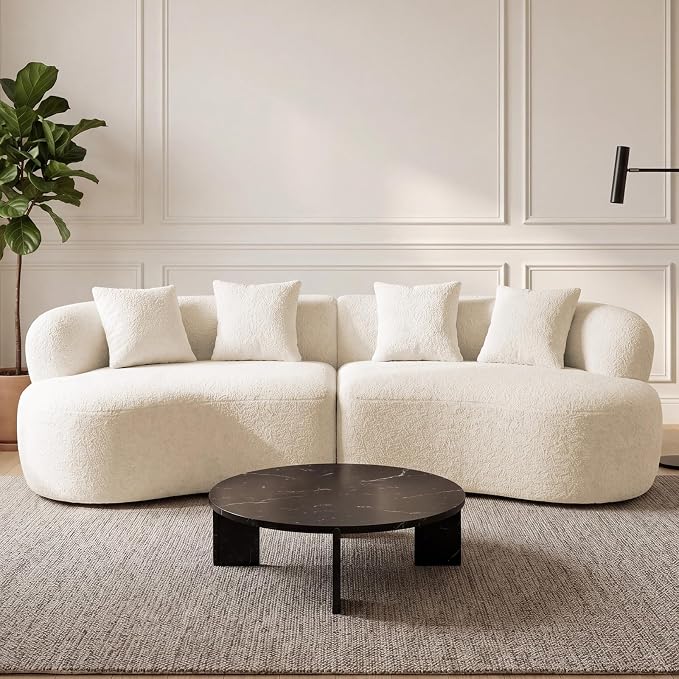 113" Curved Sectional Sofa Modern Cream Cloud Couch Modular Sectional Couches for Living Room Boneless Cloud Sofa Boucle Loveseat Comfy Chenille Deep Seat with 4 Pillows, Cream White