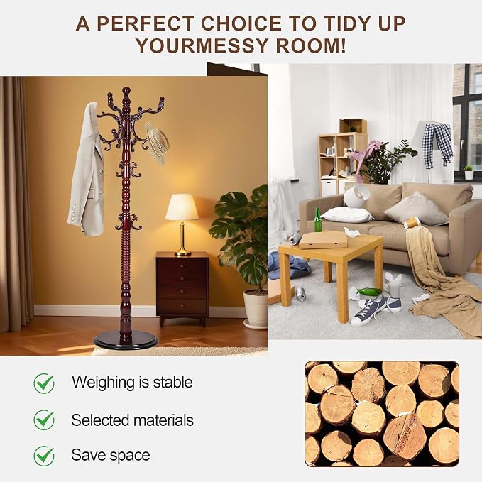 Wooden Coat Rack Freestanding with 18 Hooks, Adjustable Height Coat Tree Free Standing Heavy Duty for Entryway, Easy Assembly Solid Wood Sturdy Coat Hats Hanger Stand for Office Hallway Bedroom
