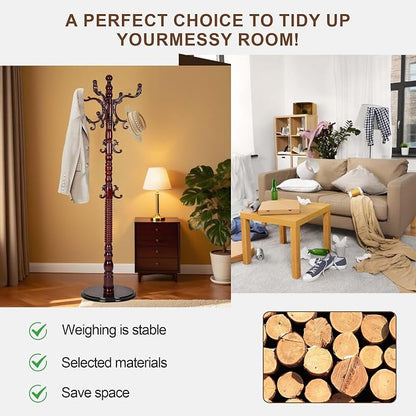 Wooden Coat Rack Freestanding with 18 Hooks, Adjustable Height Coat Tree Free Standing Heavy Duty for Entryway, Easy Assembly Solid Wood Sturdy Coat Hats Hanger Stand for Office Hallway Bedroom