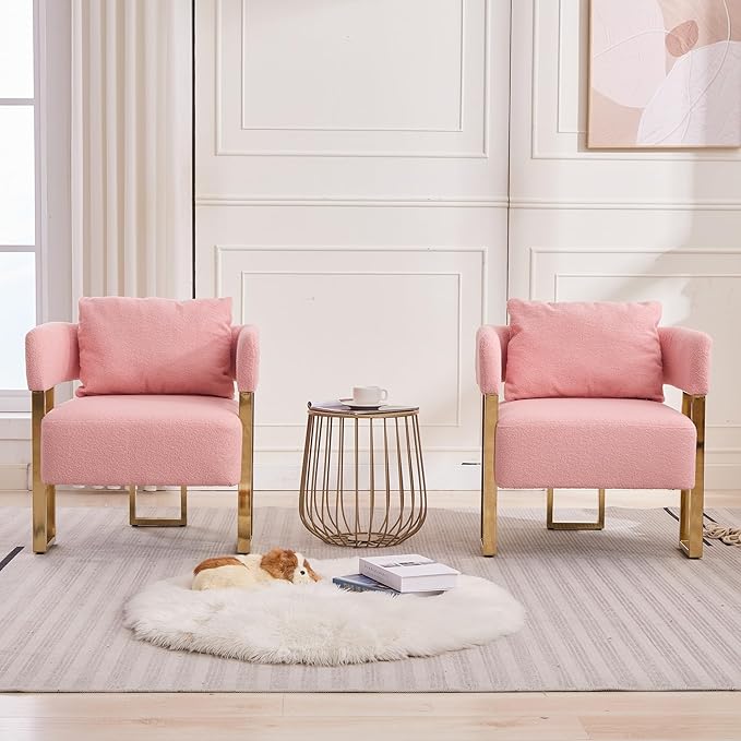 YISHENG Modern Barrel Accent Chairs Set of 2, Living Room Side Chairs with Golden Metal Legs Soft Upholstered Reading Armchairs no Wheels for Vanity/Reception Room/Bedroom/Lounge/Office,（Pink Teddy）