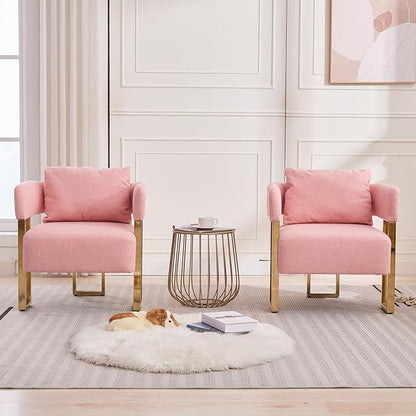 YISHENG Modern Barrel Accent Chairs Set of 2, Living Room Side Chairs with Golden Metal Legs Soft Upholstered Reading Armchairs no Wheels for Vanity/Reception Room/Bedroom/Lounge/Office,（Pink Teddy）
