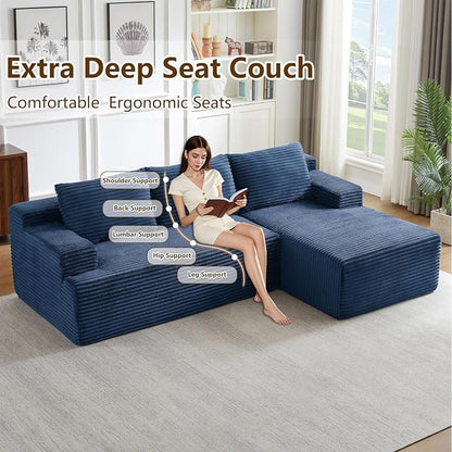 96.1" Modular Sectional Sofa Couches L-Shape Couch 3 Seat Modular Sofa Corduroy Memory Foam Sectional Boneless Couches for Living Room, Cloud Couch with Oversized Chaise(Blue, Right Facing)