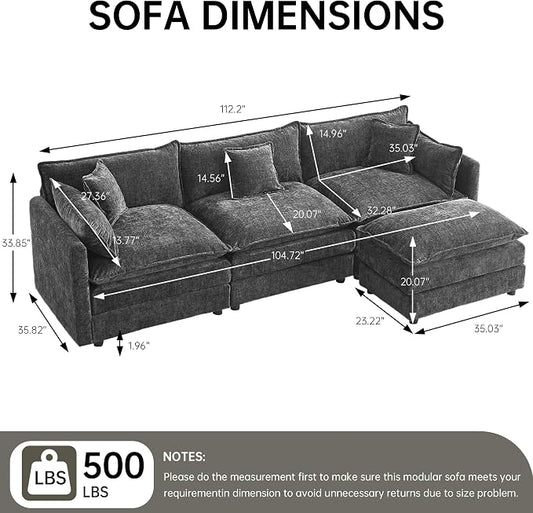 Modular Sectional Sofa 112.2 Inch L Shaped Couch Set with Armrests, 3-Seater Comfortable Cloud Couches with Movable Ottoman for Living Room Apartment, Grey