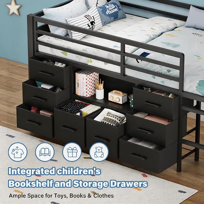 Einhomn Twin Low Loft Bed with 8 Drawers, Bookshelf, Heavy Duty Metal Kids Loft Bed with 13 Inch Safety Guardrail, Play Curtain, Under-Bed Play Area - Black