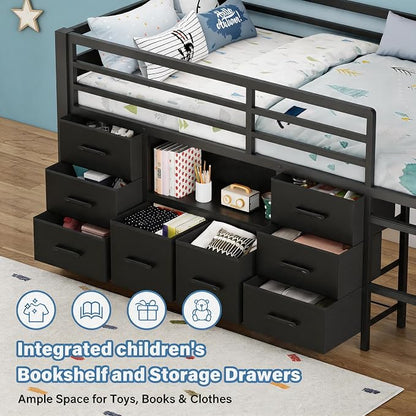 Einhomn Twin Low Loft Bed with 8 Drawers, Bookshelf, Heavy Duty Metal Kids Loft Bed with 13 Inch Safety Guardrail, Play Curtain, Under-Bed Play Area - Black