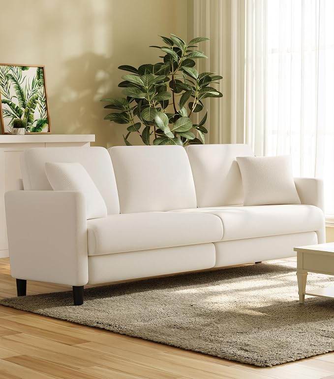 Welzona 83" Couches for Living Room, Teddy Sofa Couch, Comfy Sofas for Living Room, Tool-Free Setup Loveseat Sofa, All-Wood Love Seat Couches, Small Couch 2 Pillows Included, Cream White