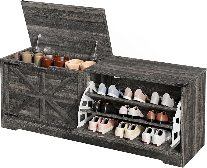DWVO Shoe Storage Bench, 55" L Shoe Cabinet with 3 Flip Drawer & Flip-Top Storage, Farmhouse Modular Tilt-Out Organizer for Entryway, Mudroom, Bedroom | 3 tilt-out drawers, flip-top storage, farmhouse style, for entryway mudroom bedroom, sturdy wooden ...
