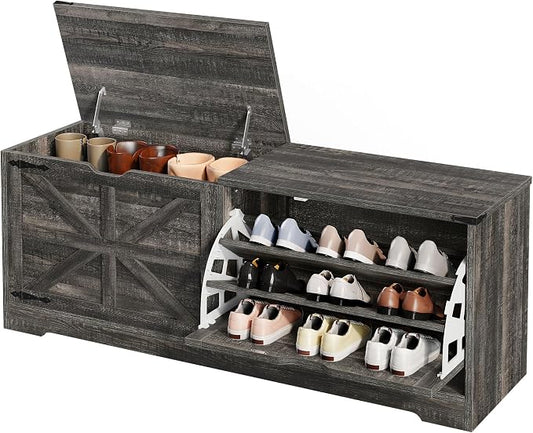 DWVO Shoe Storage Bench, 55" L Shoe Cabinet with 3 Flip Drawer & Flip-Top Storage, Farmhouse Modular Tilt-Out Organizer for Entryway, Mudroom, Bedroom | 3 tilt-out drawers, flip-top storage, farmhouse style, for entryway mudroom bedroom, sturdy wooden ...