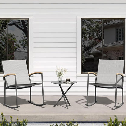Shintenchi 3 Pieces Patio Rocking Bistro Sets,Outdoor Textilene Fabric Conversation Bistro Set,Front Porch Rocker Chairs Small Patio Furniture Set with Table for Lawn,Garden,Balcony(Light Gray)