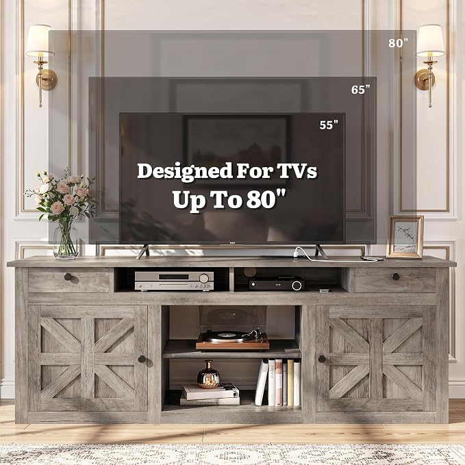 YITAHOME TV Stand for 75/80 Inch TV, Farmhouse Entertainment Center with Storage, 70 Inch TV Cabinet with Drawers and Power Outlet, TV Console for Living Room (Grey Oak)