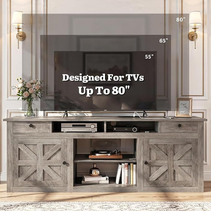 YITAHOME TV Stand for 75/80 Inch TV, Farmhouse Entertainment Center with Storage, 70 Inch TV Cabinet with Drawers and Power Outlet, TV Console for Living Room (Grey Oak)
