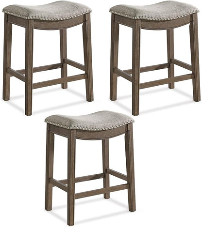 ROME + OAK Set of 3 Parker 26 Inch Counter Stool, Backless Saddle Kitchen Barstool in Walnut Finish with Grey Fabric Upholstery Cushion Seat