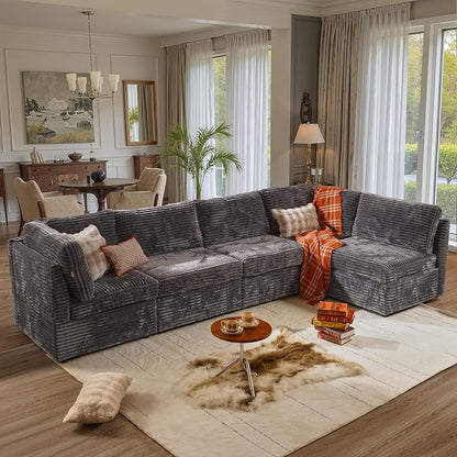 ovios Modular Sectional Sofa Couch with U-Shape Chaise Oversized, Comfy Plush Corduroy Cloud Couches, Modern Luxury Deep Seat Sofas Set for Living Room, 5-Seater, Grey