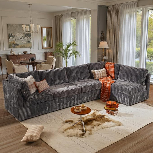 ovios Modular Sectional Sofa Couch with U-Shape Chaise Oversized, Comfy Plush Corduroy Cloud Couches, Modern Luxury Deep Seat Sofas Set for Living Room, 5-Seater, Grey