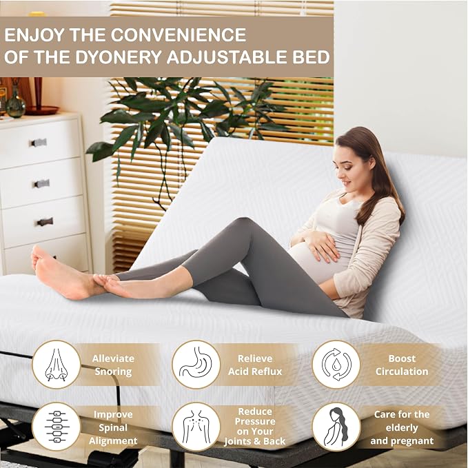 Dyonery Queen Adjustable Bed Base Frame with Wireless Remote + 12 Inch Queen Green Tea Gel Memory Foam Mattress Bed in a Box, Head and Foot Incline, Zero Gravity, Fiberglass Free, 80" × 60"
