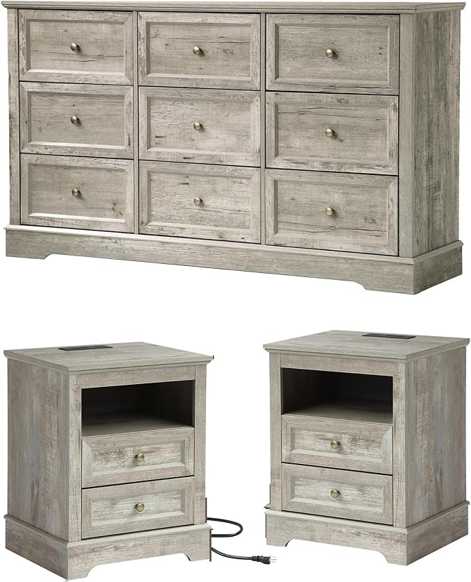 LOUVIXA Farmhouse Bedroom Sets of 4, Including 9 Drawer Dresser, 5 Drawer Dressers and Nightstand Set of 2 with Charging Station (Grey Sets, 3 Pieces-9 Drawer Dresser+2 Nightstand)
