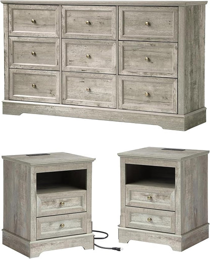 LOUVIXA Farmhouse Bedroom Sets of 4, Including 9 Drawer Dresser, 5 Drawer Dressers and Nightstand Set of 2 with Charging Station (Grey Sets, 3 Pieces-9 Drawer Dresser+2 Nightstand)