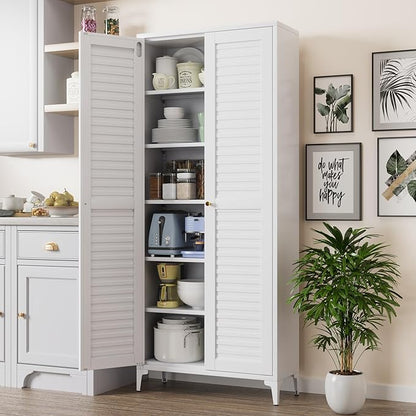 Metal Kitchen Pantry Cabinet with 2 Doors,Metal Pantry Cabinet with 5 Adjustable Shelves for Kitchen,Home,74.2" H × 31.5" W × 15.75" D,Required Assembly, White
