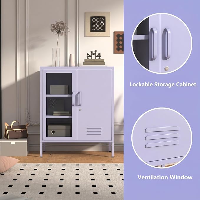 Purple Lockable Glass & Metal Door Storage Cabinet, 3-Tier Freestanding Locker Organizer with 2 Adjustable Shelves, Multipurpose Unit for Home, Entryway, Hallway, 33" H x 29.5" W x 13.8" D