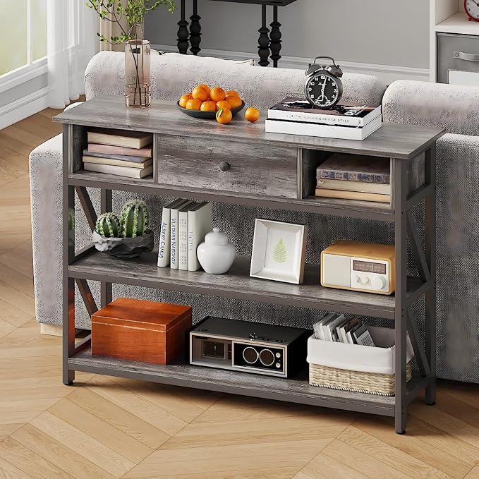 Mexin 39 Inch Console Sofa Table with Drawer, Entryway Table with Storage Shelves, Industrial Wood Hallway Table for Living Room, Couch, Foyer, Kitchen Counter, Grey Oak
