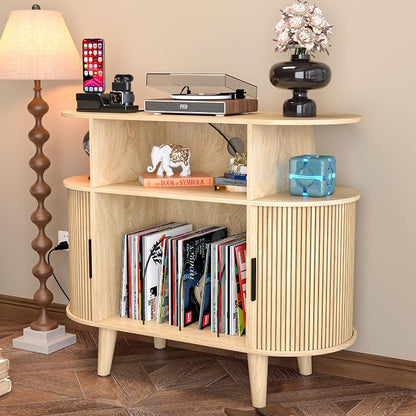 LUVIOHOME Large Round Record Player Stand with Charging Station & USB Ports，Record Storage Cabinet, Mid Century Modern Turntable Stand for Bedroom Living Room (Small Oak)