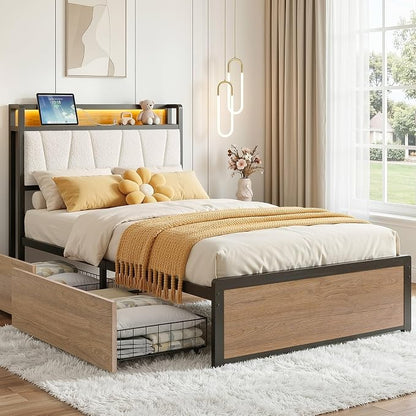 LIKIMIO Twin Bed Frames with 2 Storage Drawers, Charging Station & LED Lights, Platform Twin Bed with Boucle Upholstered Headboard, Strong Metal Slats, No Box Spring Needed, Easy Assembly, Wood/Cream