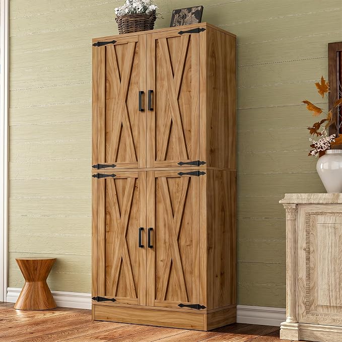 Unikito 71" Tall Kitchen Pantry Storage Cabinet with Farmhouse Barn Doors and Storage Drawer, 4 Adjustable Shelves, Freestanding Cupboard for Dining Room, Living Room, Utility Room, Natural