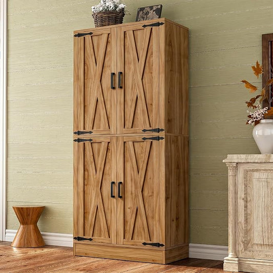 Unikito 71" Tall Kitchen Pantry Storage Cabinet with Farmhouse Barn Doors and Storage Drawer, 4 Adjustable Shelves, Freestanding Cupboard for Dining Room, Living Room, Utility Room, Natural